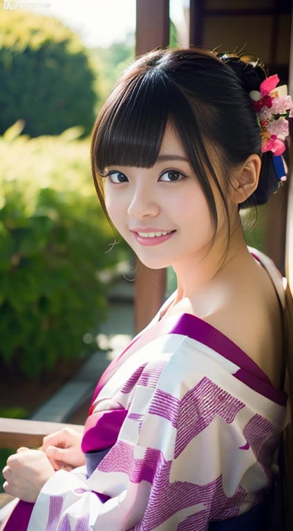 (wearing only FURISODE), Best-quality, Masterpiece, Ultra-High-Resolution, (Photorealistic:1.4), Raw-Photo, at Japanese-shrine, from below, 1girl, solo, 20-years-old, the most famous Japanese idol, (extremely cute face, ((extremely cute big-black-eyes)), extremely cute hairstyle, extremely beautiful and extremely realistic skins, extremely cute eyelashes, extremely cute lips), (extremely beautiful abundant-cleavage), fullbody-shot, innocent-smile, dynamic-pose, (detailed FURISODE)