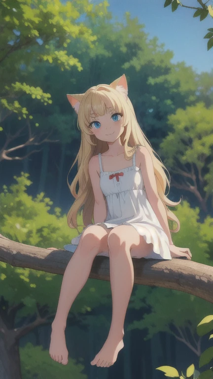 full body of cat girl sitting on branch in forest,best quality,highres,from below,cute,barefoot,white sundress,long hair,wavy hair,blonde hair,bangs,blue eyes,looking at viewer,light smile,closed mouth,scenery,<lora:GoodHands-beta2:1>,