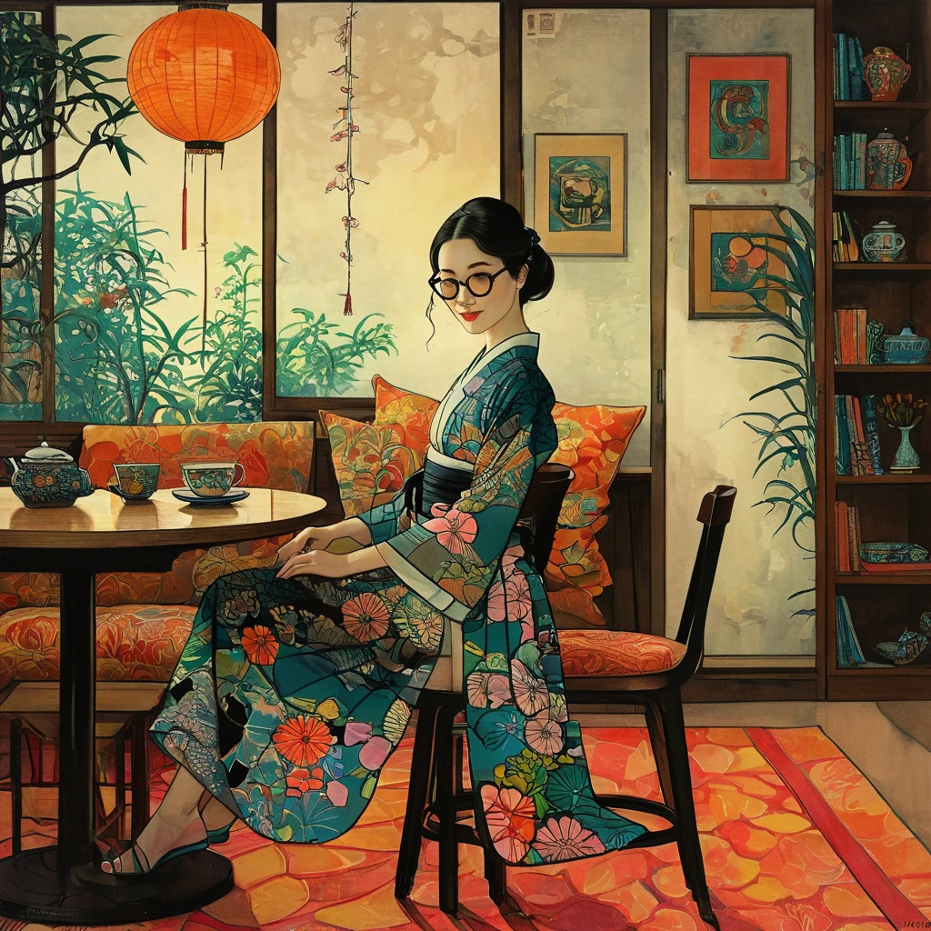 A girl relaxing in a high chair drinking coffee、Wearing black-rimmed glasses、Profile of a Girl、Anatomically correct、Smiling with closed eyes、In a stylishly designed room、A girl wearing a long skirt and blouse with a Japanese pattern、Psychedelic Art、Kimono-like Japanese style、Western style、Shangri-La、Pop Art、Surrealism、Best Quality、Masterpiece、style of Diane Dillon, 
