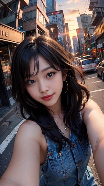One girl, Korean, Fisheye Lens, Selfie, Wind, Messy Hair, sunset, Cityscape, (Aesthetics and atmosphere:1.2),smile