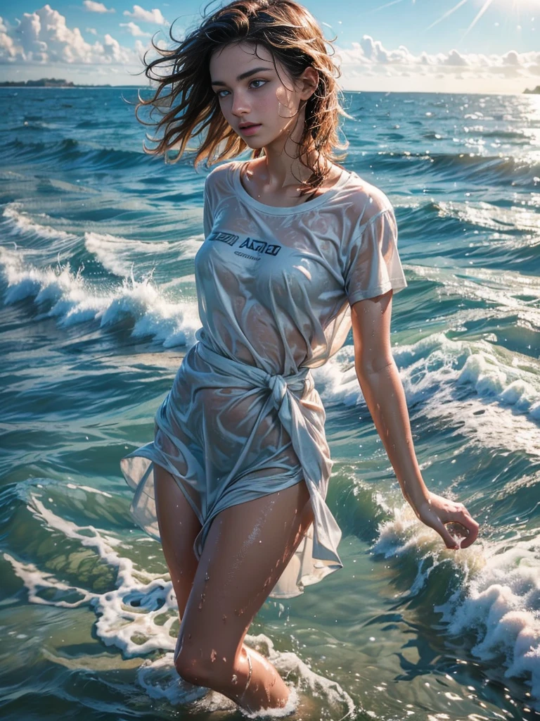 A tall, stunningly beautiful woman with a model-like physique walks on the beach at sunset. She is dripping wet from the ocean waves, giving her an alluring and captivating appearance. She confidently strides forward, wearing only a wet white shirt with rolled-up sleeves, revealing glimpses of her toned arms. Her shirt clings to her curves, accentuating her graceful figure and hinting at her exquisite silhouette. The fabric hugs her body in all the right places, creating a tantalizing visual effect.
With her long brown hair cascading down her back, she emanates an air of elegance and sensuality. The strands of hair glisten under the warm sunlight, adding a touch of ethereal beauty to the scene. Her tanned skin glows softly, complementing the golden hues of the sunset. The contrast between her bronzed complexion and the white shirt creates a visually striking contrast.
Walking towards the camera, her eyes radiate confidence and allure. They are as deep and captivating as the ocean itself. Her lips possess a natural, subtle redness, adding a touch of sensuality to her mesmerizing face. She carries an enchanting aura that leaves a lasting impression on anyone who gazes upon her.
The beach is bathed in the warm, golden light of the setting sun, casting a soft, dreamlike glow over the entire scene. The gentle breeze whispers through the air, rustling her hair and providing a subtle movement to the fabric of her wet shirt. The sound of crashing waves adds a soothing and rhythmic soundtrack to the moment.
This prompt is intended to generate a high-quality image, so it incorporates the following elements: (best quality, 4k, 8k, highres, masterpiece:1.2), ultra-detailed, (realistic, photorealistic, photo-realistic:1.37). The lighting should be natural and flattering, capturing the warmth and softness of the sunset. The color tones should emphasize the golden hues of the sky and the ocean, enhancing the overall beauty of the composition.
In conclusion, the prompt describ
