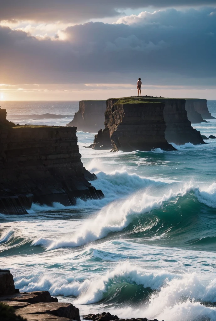 UHD, A rugged coastline with steep, jagged cliffs overlooking the ocean, where a muscular man with broad shoulders stands confidently on the edge. His bare torso is illuminated by the sunlight filtering through the clouds, and his intense gaze is fixed on the viewers. His strong, masculine figure contrasts with the wild beauty of the crashing waves below, creating a sense of both power and tranquility.