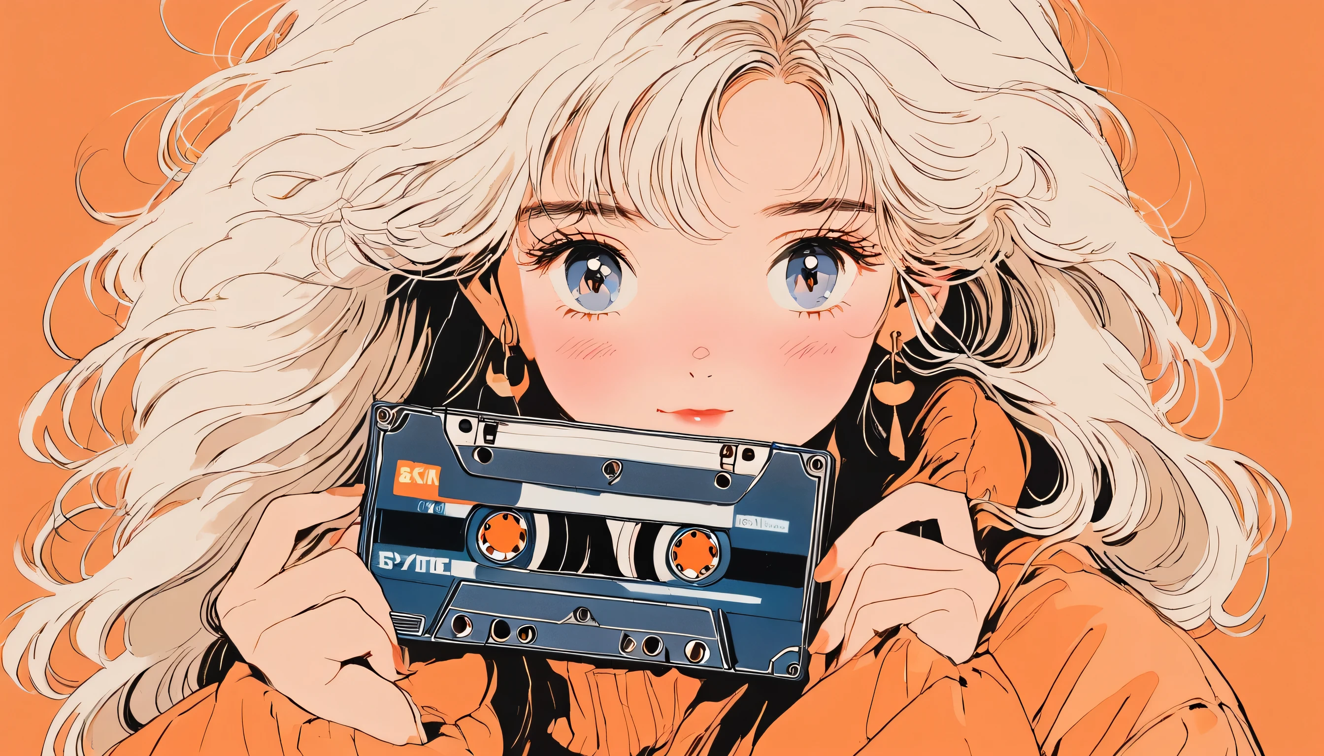 90’s anime style, 1990s style, clear, 1980s style, (blush:1.7), the highest quality, 8k, 1 woman, Only, lofi girl, lofi art, lofi feeling, looking at the viewer, very big eyes, wearing 1980s clothes, upper shot, close up, smiling, light brown eyes, skin white as snow, sparkling eyes, white hair, long hair, anime girl, holding one cassette tape, the main focus is on the girl and the cassette tape, solid orange background with no other elements