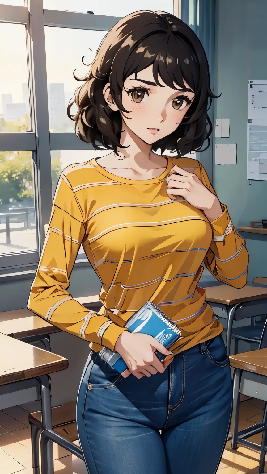 { masterpiece : best quality : high resolution : unity 8k wallpaper : illustration : beautiful detailed eyes : extremely detailed face : perfect lighting : extremely detailed CG : perfect hands : perfect anatomy } { classroom } { 1girl : Sadayo_Kawakami: cute_face : short_dark_hair :  : Perfectly_shaped_breast : Perfectly_fit_body : yellow_stripe_shirt : long_sleeves : and blue_jeans } { standing : teaching : serious :open_mouth }