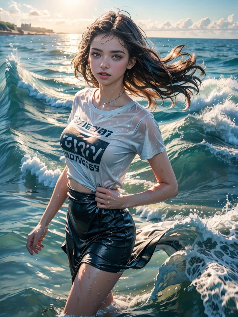 (((best quality))), (((ultra detailed))), (((masterpiece))), illustration, ((a beautiful girl,volleyball player,solo)),((slim,thin)),((small breasts,flat chest)),(short ponytail:1.2),beach, sea, sand,(holding a volleyball:1.3), girl's attire, sun, waves, shore, foam, summer, afternoon, gold sand, vibrant attire, athletic build, sleeveless, short skirt, sports tank top, toned legs, nimble fingers, precise movements, agile arms, teammates, synchronized gameplay, exciting spectacle, onlookers, sand, clear sky, azure, powder blue, white waves, crashing waves, laughter, beachgoers, symphony, essence, summer, seaside, determination, skill, quick reflexes, strategic thinking, victory, infectious energy, unwavering spirit, , joy, youthful exuberance, timeless reminder, magic of summer,((from front,upperbody))