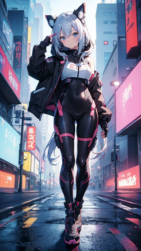 cyberpunk aesthetic, light eyes, cybernetic hombre (pale skin:1.9), detailed face, good texture, strong shadows, bright, little , Skinny, Transparent clothing, idiot, seeking out, energetic pose, dynamic poses, athletic, 8k, fangs, detailed, tattooed, direct dark light, street background, balcony, light neon, of colors, evening, wet clothes, mechanical arm, wet, fiber muscles, large eyes, great quality, jewelry, purple filter, wet underwear, direct neon, light, focus face, rosa, Hair, Cyberpunk 2077, Edgerunners, Rewarded accommodation, gothic legs, lasers.