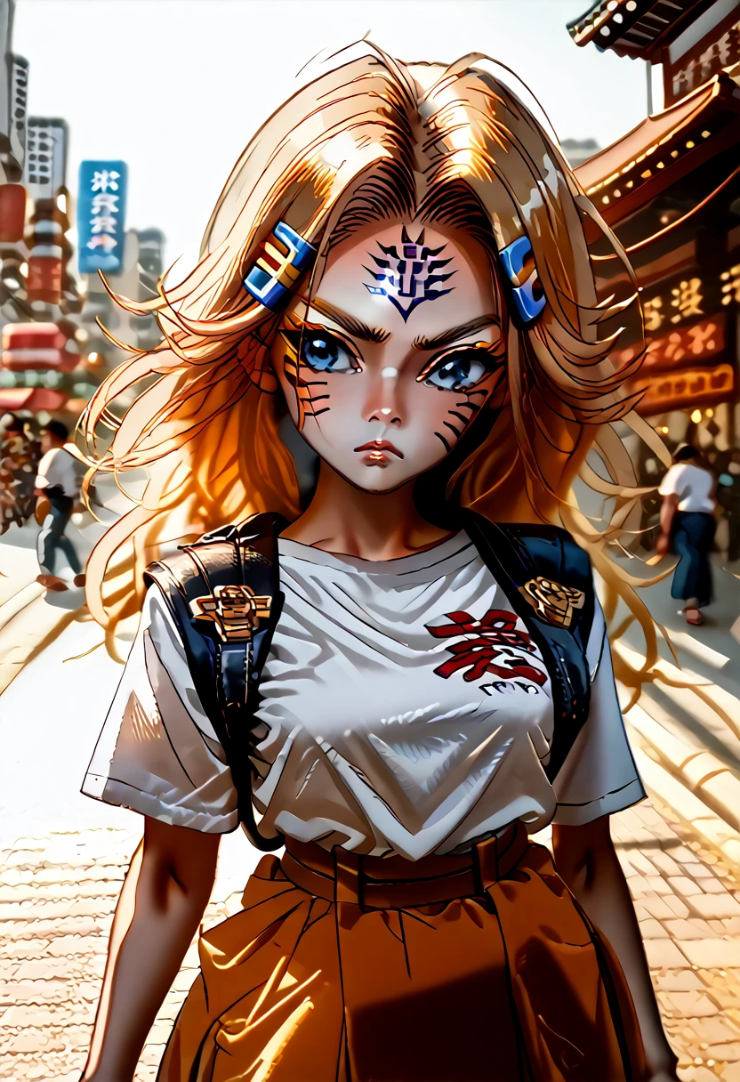 masterpiece, high quality, 8 K, Photographic reality, realistic, octane rendering, Busy city streets of Japan (1 woman: 1.4), (Only one woman on screen: 1.3), (White shirt), (Long golden hair), (Wrap-around-hips skirt), (Blue eyes) Upper body display