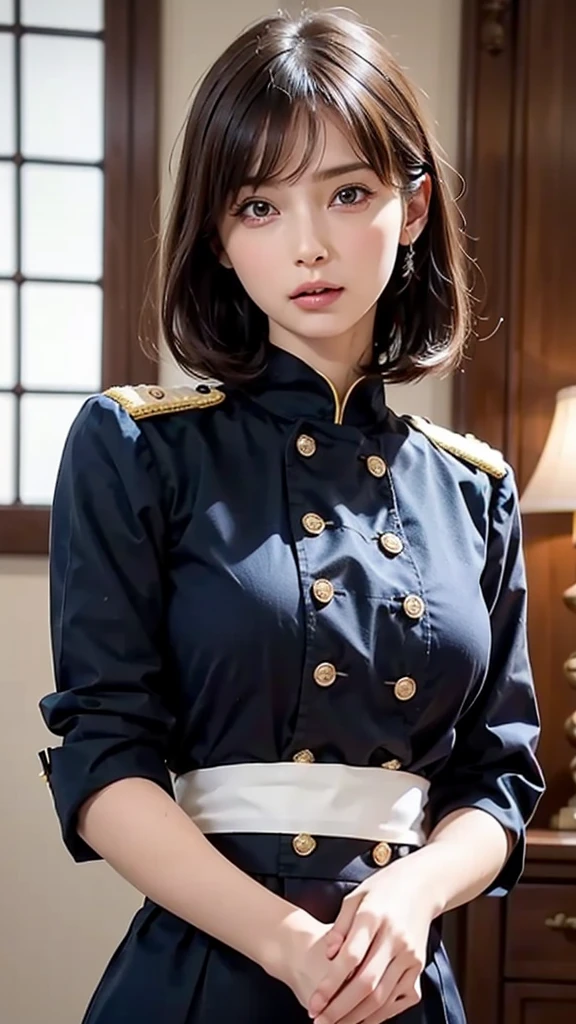 ((Beautiful Face:1.4)), (Pyros Face_v1: 1.0), Half Body,(Highest Resolution, Clear_image) Best Quality, single, One Woman, Alone, masterpiece, Very detailed, Semi-realistic, Black Short Hair, Black Hair, bangs, 1, Mature, light blue Uniform, Uniform, Indoor Background, kind, Authoritative, Powerful, Graceful features, Graceful features,((Natural large breasts))