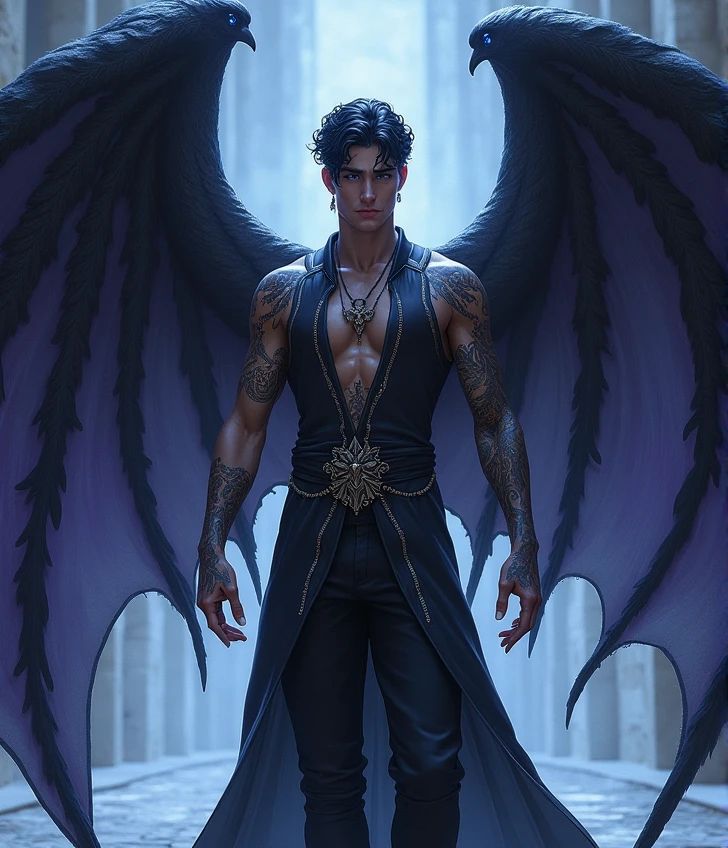 Photo-realistic, ((best quality)), ((masterpiece)), (detailed), perfect face, short hair, the devil, masculine portrait of the devil, personification of The Devil, evil look, super pale skin, (black massive huge majestic angel wings:1.2), 18-year-old, super male model, handsome, tall, cute evil looking, dark look powerful, young male model, handsome mythical creature, super strong, muscular, fit, massive muscles, six pack, clean shave, blue eyes. wavy messy brown hair, short messy hair, messy wavy hair, shirtless, bare-chested, muscle, ripped, strong body, fit body, pantless, 1 perfect penis, 1 amazing penis, 1 nice penis, 1 beautiful penis, 1 amazing penis, 1 good penis, 1 male penis, perfect scrotum, amazing scrotum, nice scrotum, great scrotum, male scrotum, male genitalia, male structure, Dark background 8k, high detailed, ultra-detailed, Stylish Pose, real skin texture, night, dark, evil, dark atmosphere, (HORROR cinematic lighting:1.3), (ruins Gothic cathedral:1.4), ruins, fog, smoke