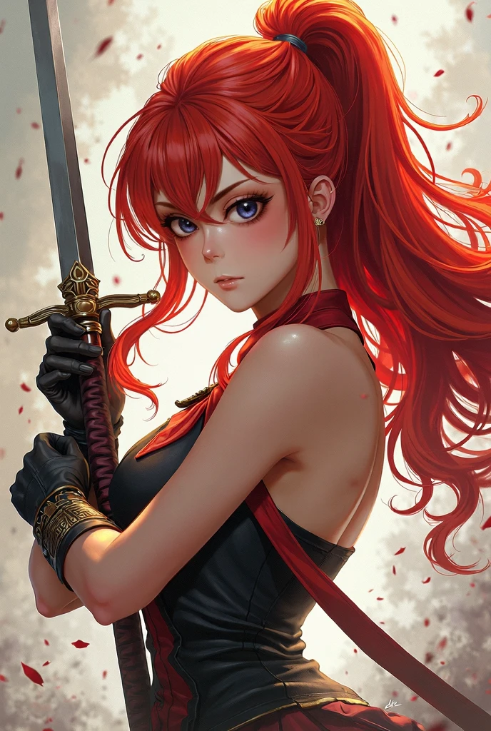 A highly detailed anime character with striking red hair, holding a sword in their hand, inspired by the art direction of the Guilty Gear series, particularly Guilty Gear Strive. The character is rendered in a stunning 2.5D CGI anime fantasy style, with an epic and exquisite quality that would be at home in Artstation or Pixiv. The artwork showcases the character's expressive features, including detailed eyes, nose, and lips, as well as the intricate folds and details of their clothing and surroundings. The overall aesthetic is a captivating blend of the Guilty Gear art style and the best of contemporary digital anime character art.