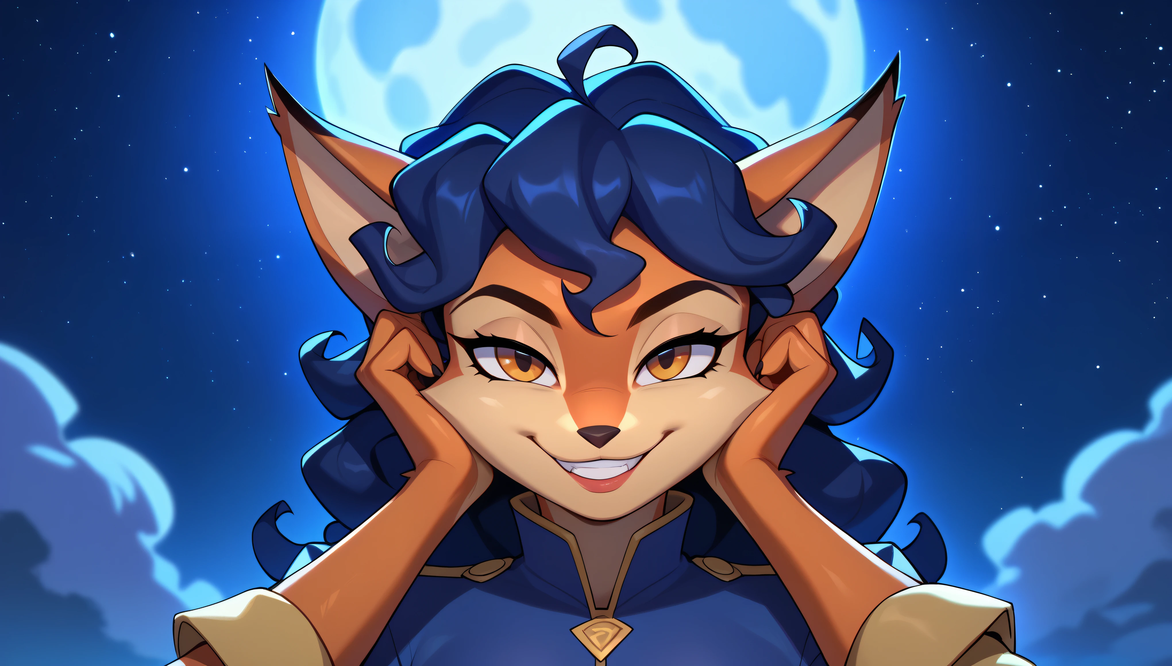 score_9, score_8_up, score_7_up, Carmelita fox, anthro furry, FACE ONLY, HEAD ON, FACE FOCUS, fur, cute, centered, looking at viewer, smiling, solo, night city background, dark environment, moon, dark, night time, 