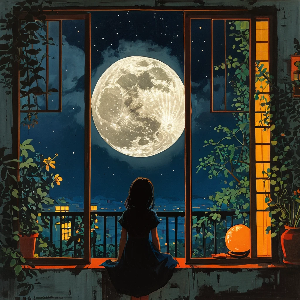 Today is the Mid-Autumn Full Moon Day、The girl is looking at the full moon floating in the night sky from inside her room.、Outside the window, there is a night sky and a full moon、Girl&#39;s back view、Anatomically correct、Looking up at the night sky from a stylishly designed room、A girl wearing a long skirt and blouse with a Japanese pattern、Psychedelic Art、Kimono-like Japanese style、Western style、Shangri-La、Pop Art、Surrealism、Best Quality、Masterpiece、style of Diane Dillon, 
