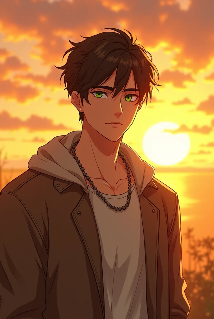 Anime. I'm a young quite manly guy. I look about 1. I am half Russian and half Chinese. I am of average height, slightly below normal, a little thin, but still athletic. I have beautiful delicate facial features. I have warm green eyes and short tousled brown hair. I have light tanned skin. Against the background of a golden sunset.
