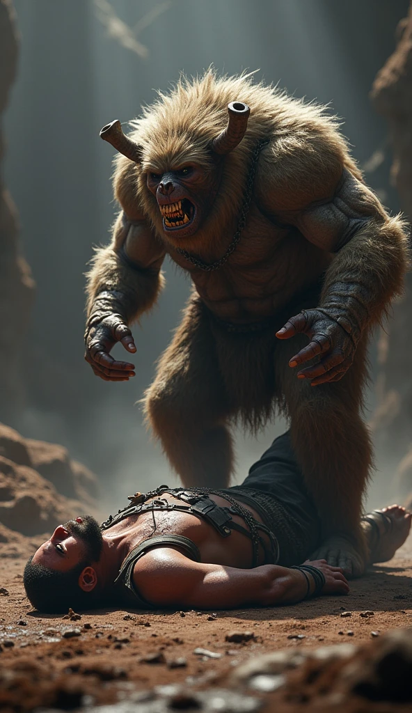 (photorealism:1.2), muscular werewolf in black armor, Spartan dead on the floor