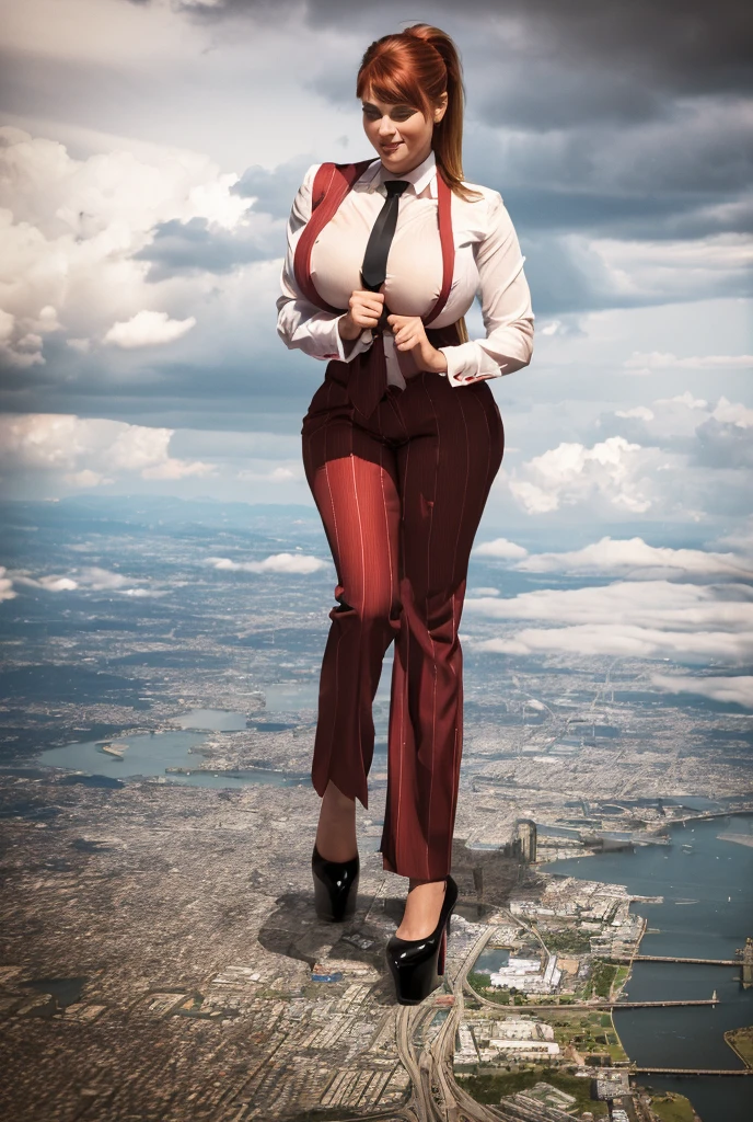 A young mother and her two daughters aged 18 and 20 each taller than 7 foot all wearing red pinstriped trouser suits, white shirts heels and a larger paisley necktie. Large breast giantess art tiny city Young adult 1 woman, beautiful curves a massive curvy thighs redhead ponytail red lips wearing a perfect crimson pinstriped suit and blazer with a ((massive thick and massive black necktie, windosr knot the size of a fist)) white crisp shirt, massive breasts. Black Platform high heels, colossal breasts. Platform high heels , standing, giantess art, tie bar, highly detailed giantess shots, giantess, most detailed, perfect face, Two legs, Five fingers, short hair, A girl who is bigger than a skyscraper, standing on very small city, skyscarpers at their feet, skyscrapers small, smile, huge breasts, major metropolis, numerous cities, , A very small big city, Miniature metropolis, Full body description, GTS, giga giantess, gigagts, stomping city, crash city, tiny city, micro city, , High resolution, highest quality, masterpiece,  tiny destroyed skyscrapers city, illustration, skyscrapers size of small toys standing behind and very far away from city, (masterpiece, best quality, best shadows, best shading, perfect hands, perfect face, cinematic lighting, colorful, ultra-detailed, beautiful photography, character focus, extremely-detailed, photorealistic, hyper photorealism, atmospheric), ), (giantess, stereotypical office boss), (dirty, filthy, unwashed, sweaty, unkempt, happy, tired, exhausted, annoyed), ((walking, mid stride:1.2, stepping down on:1.2, stomping, crush, rampage)), (black patent Louboutin rounded toe pumps, high heels, platform heels), ((,)), ((long ponytail hair with front bangs)), (high altitude photography, satellite view), (curvy, , heaving bosom, legs), (mega city, urban sprawl, and small towns, buildings, roads), (((cloudy, overcast, clouds and atmosphere partly obscuring the subject:1.2, hazy atmosphere, haze in foreground, wispy clouds)))