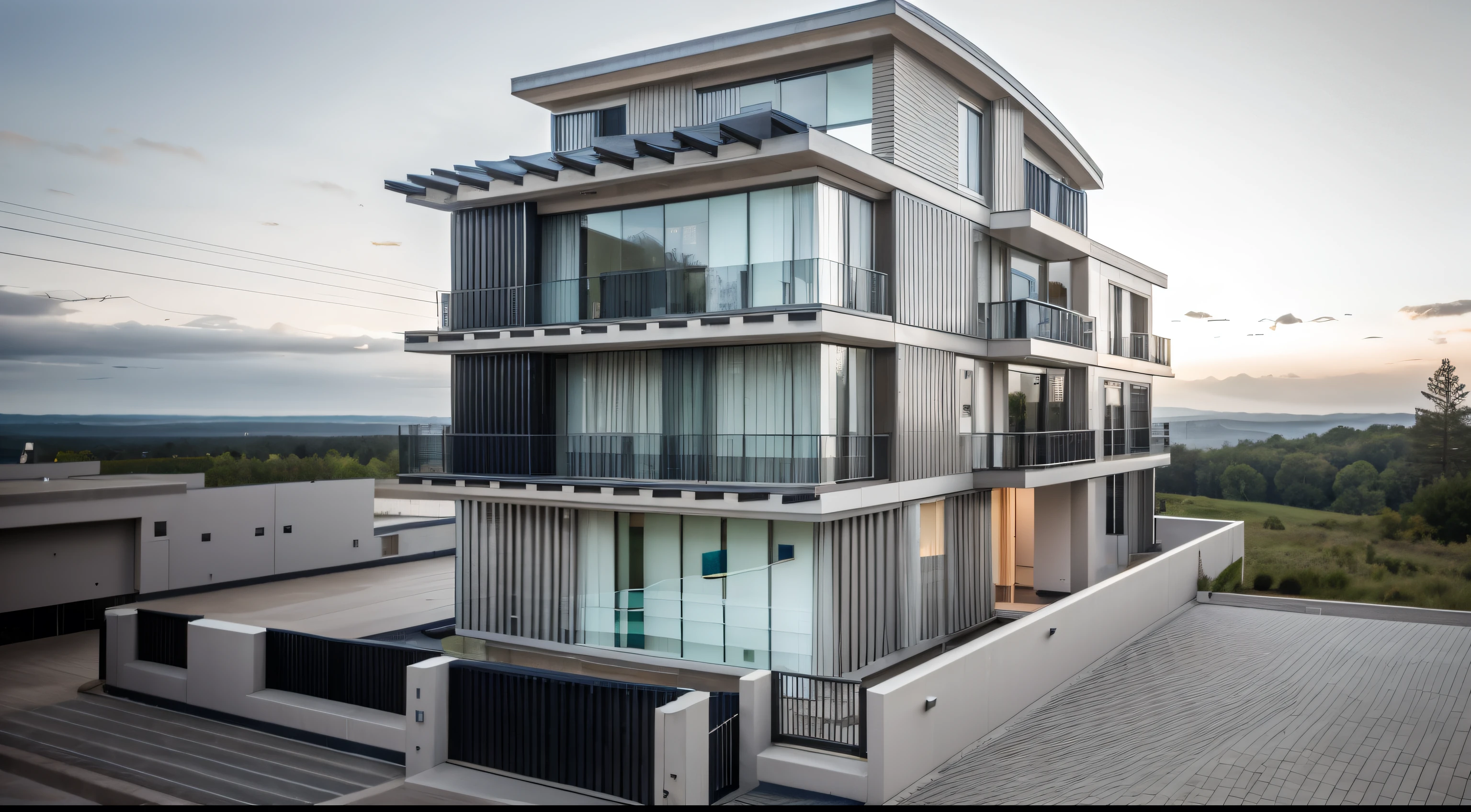 house exterior contemporary style, modernism, glass doors and windows,black metal rail, stone ceilling, masterpiece, highquality, realistic photo, canon eos 5D mark, natural light, 