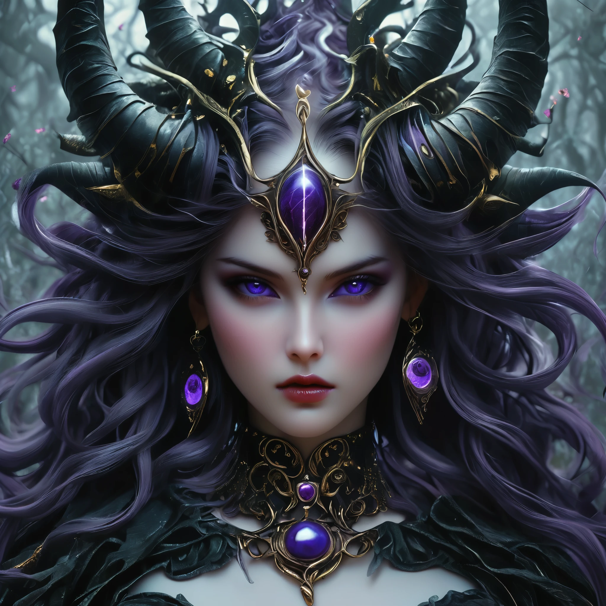 1girl with monster horn on head,offcial art,Unity8k wallpapers,ultradetailed, most gorgeous face Beauty queen and aesthetics,Masterpiece,best qualtiy,(zentangle,mandalas,tangled,entangle),dynamic angle, gothic fantacy girl,chaotic beauty,elegant,Barbarian design,vivd colour,romanticism lain,Than James Jean,Robbie Deviantano,Rosstrand,Francis Bacon,Mikhalmraz,Adrian Gurney,Petracot Wright,Gerhardricht,Takato Yamamoto,Ashleywood,Atmospheric,Ecstasy Music Notes,Streaming music notes are visible, most beautifull face gorgeous, purple white color mix