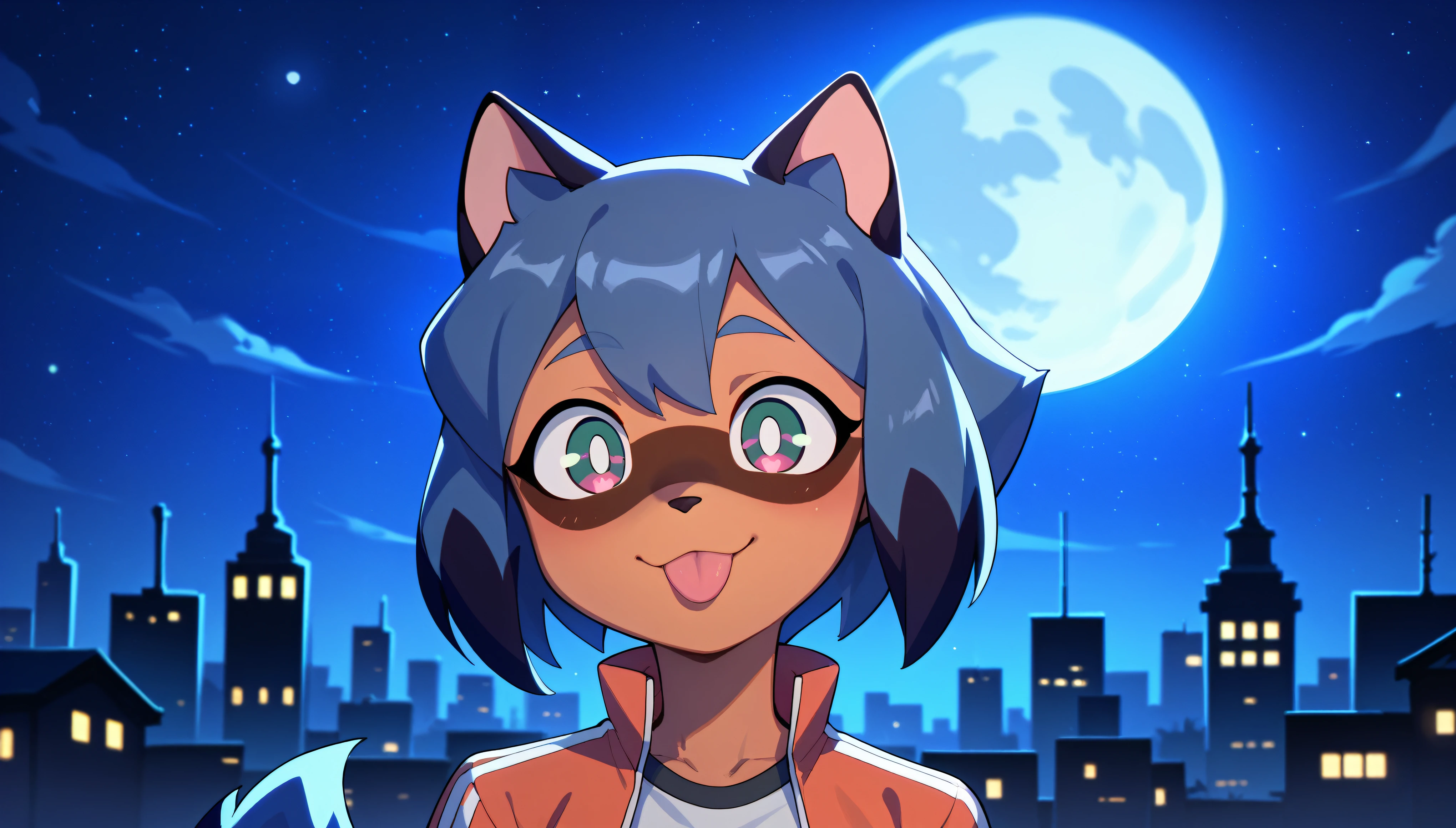 score_9, score_8_up, score_7_up, Michiru Kagemori, anthro furry, FACE ONLY, HEAD ON, FACE FOCUS, fur, cute, centered, looking at viewer, tongue out, solo, night city background, dark environment, moon, dark, night time, city, closed mouth,