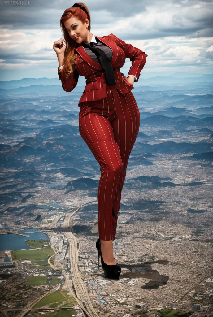 A young mother and her two daughters aged 18 and 20 each taller than 7 foot all wearing red pinstriped trouser suits, white shirts heels and a larger paisley necktie. Large breast giantess art tiny city Young adult 1 woman, beautiful curves a massive curvy thighs redhead ponytail red lips wearing a perfect crimson pinstriped suit and blazer with a ((massive thick and massive black necktie, windosr knot the size of a fist)) white crisp shirt, massive breasts. Black Platform high heels, colossal breasts. Platform high heels , standing, giantess art, tie bar, highly detailed giantess shots, giantess, most detailed, perfect face, Two legs, Five fingers, short hair, A girl who is bigger than a skyscraper, standing on very small city, skyscarpers at their feet, skyscrapers small, smile, huge breasts, major metropolis, numerous cities, , A very small big city, Miniature metropolis, Full body description, GTS, giga giantess, gigagts, stomping city, crash city, tiny city, micro city, , High resolution, highest quality, masterpiece,  tiny destroyed skyscrapers city, illustration, skyscrapers size of small toys standing behind and very far away from city, (masterpiece, best quality, best shadows, best shading, perfect hands, perfect face, cinematic lighting, colorful, ultra-detailed, beautiful photography, character focus, extremely-detailed, photorealistic, hyper photorealism, atmospheric), ), (giantess, stereotypical office boss), (dirty, filthy, unwashed, sweaty, unkempt, happy, tired, exhausted, annoyed), ((walking, mid stride:1.2, stepping down on:1.2, stomping, crush, rampage)), (black patent Louboutin rounded toe pumps, high heels, platform heels), ((,)), ((long ponytail hair with front bangs)), (high altitude photography, satellite view), (curvy, , heaving bosom, legs), (mega city, urban sprawl, and small towns, buildings, roads), (((cloudy, overcast, clouds and atmosphere partly obscuring the subject:1.2, hazy atmosphere, haze in foreground, wispy clouds)))