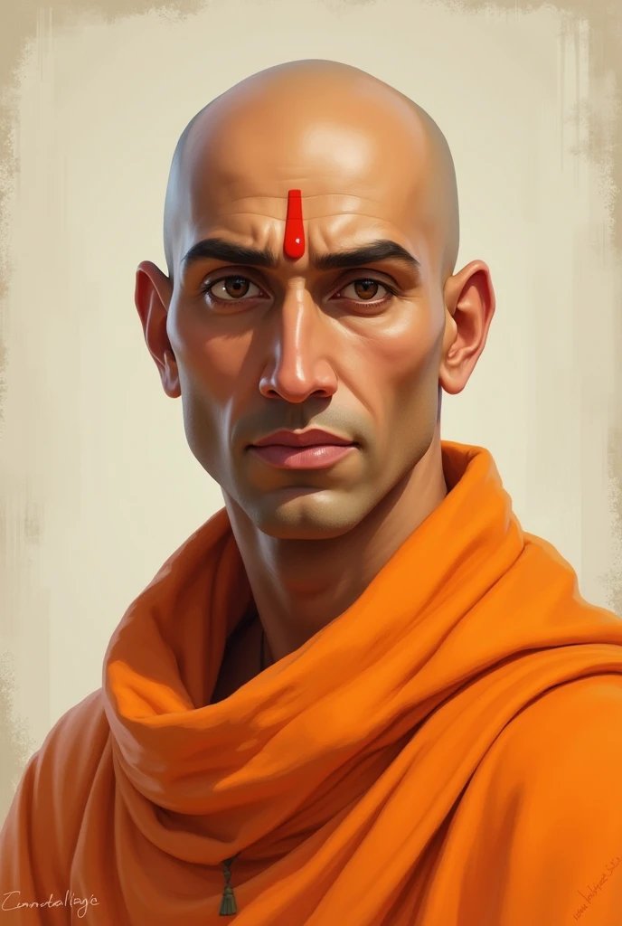 The image is a digital illustration of a Hindu deity, chankaya, with a bald head and a serious expression on his face. He is wearing a traditional Indian outfit with a gold necklace and earrings. His eyes are narrowed and his eyebrows are furrowed, giving him an angry or angry look. The background is black, making Chanakya the focal point of the image.