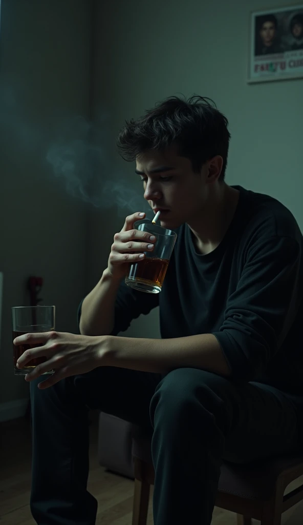 Teenage boy holding his head, using 2 hands, being frustrated, detail, best quality, front shot, as if many problems are coming, This picture seems to depict how devastated the man is., in front of him there is a cigarette, liquor, along with a cigarette ashtray whose contents were scattered