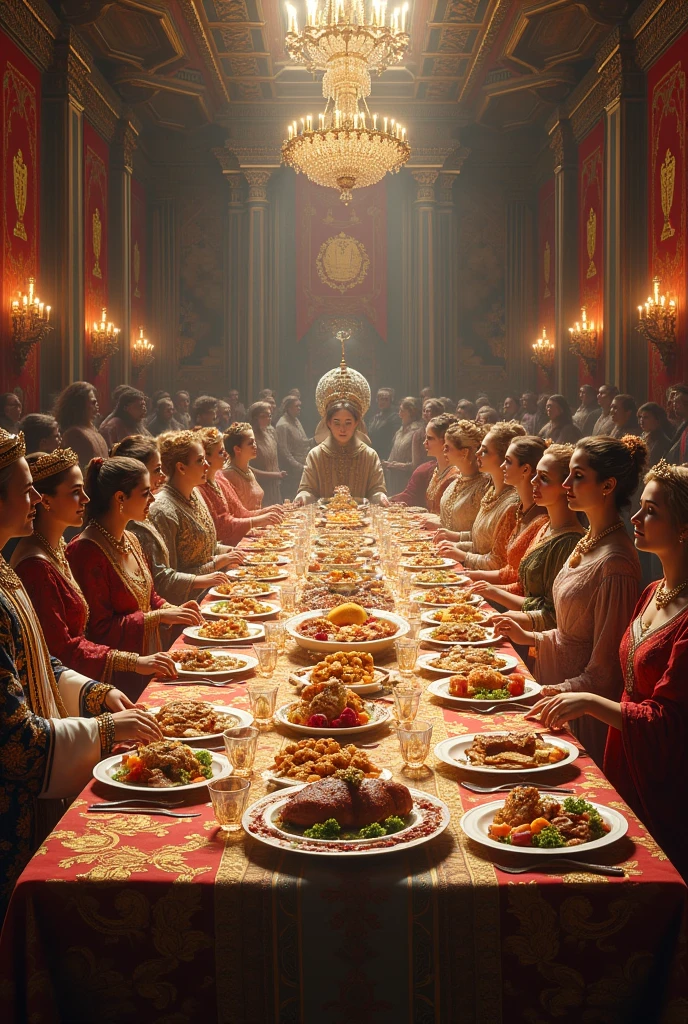 Vimpire king jeon junkook and pretty an innocent beautiful girl eating foods on big table with many dishes and deserts. Castle is dark but beautiful, black beautiful curtains, candles, red beautiful carpets and many servents standing on both sides. 