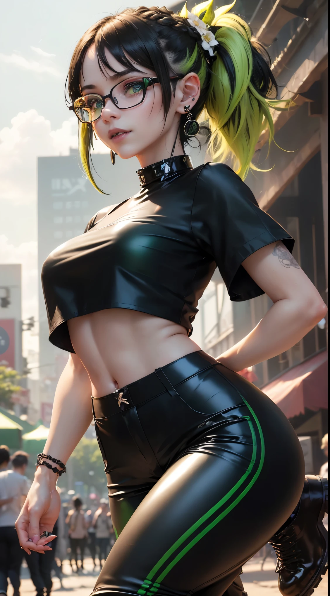 BLACKLIGHT, ((NSFW)), realistic art, extremely delicate and beautiful, ultra-detailed, (1girl), blue eyes, floating, detailed light, illustration, dynamic angle, depth of field, ((((milf)))), girly, long hair, ((green and black hair, multicoloured hair, green highlights hair, twin tails, hair ornament, hair flower, flower, makeup, braid, smile)), vampire eyes, showing fangs, pale white skin, (((wearing crimson leather jacket and black tight pants, long hair, choker, smile, jewelry, earrings))), (ultra high res, best quality,), (8k, raw photo, best quality, masterpiece), technological sense, best quality, masterpiece, illustration,CG ,unity ,wallpaper, official art, Amazing, finely detail, an extremely delicate and beautiful,extremely detailed, highly detailed, sharp focus,rich background, (real person,photograph), ((high detailed skin)),