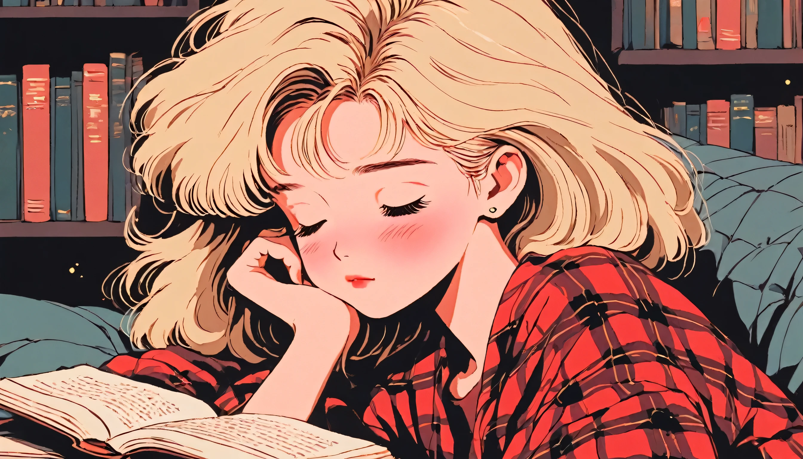 90's anime style, 1990s style, clear, 1980s style, (blush:1.7), the highest quality, 8k, close up, lofi girl, lofi art, lofi feeling, very big eyes, sleeping girl, a blonde bobbed hair cute, A girl who leans on her pillow and reading a book, her eyes on the book, dark lighting background with no other elements except tiny gold sparkles, wearing red plaid pattern pajamas, closed eyes, keep eyes closed, 1 girl, Only
