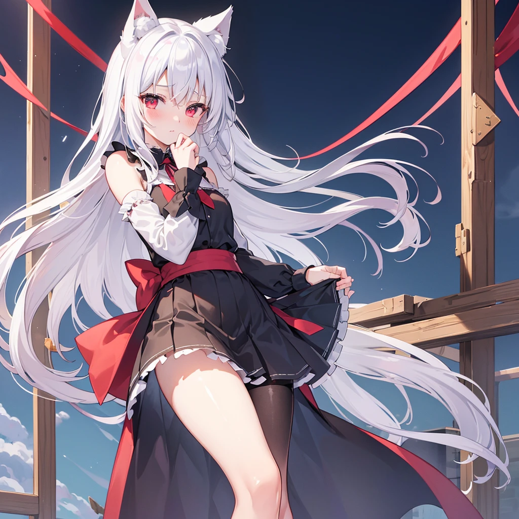 ((masterpiece, Highest quality, Highly detailed CG, unity 8k wallpaper,)), One woman, darkness、 Maid clothes with short skirts、I can barely see your face、Red eyes、assassin、Eyes that shine mysteriously、White Hair、ショートボブ、I can see your thighs、I can see your underwear、Cat ears、Pants-like skirt、Shoulders stick out、Lace underwear、Embarrassed look、Pull up your skirt with your own hands、Blushing, 