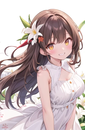 slender, mature female, 1girl, rating:safe, solo, long_hair, lips, collarbone, upper_body, hair_ornament, looking_at_viewer, brown_hair, closed_mouth, flower, red_eyes,  short_sleeves, brown_eyes, bangs, crossed_arms, breasts, hair_flower, white_shirt, shirt, 