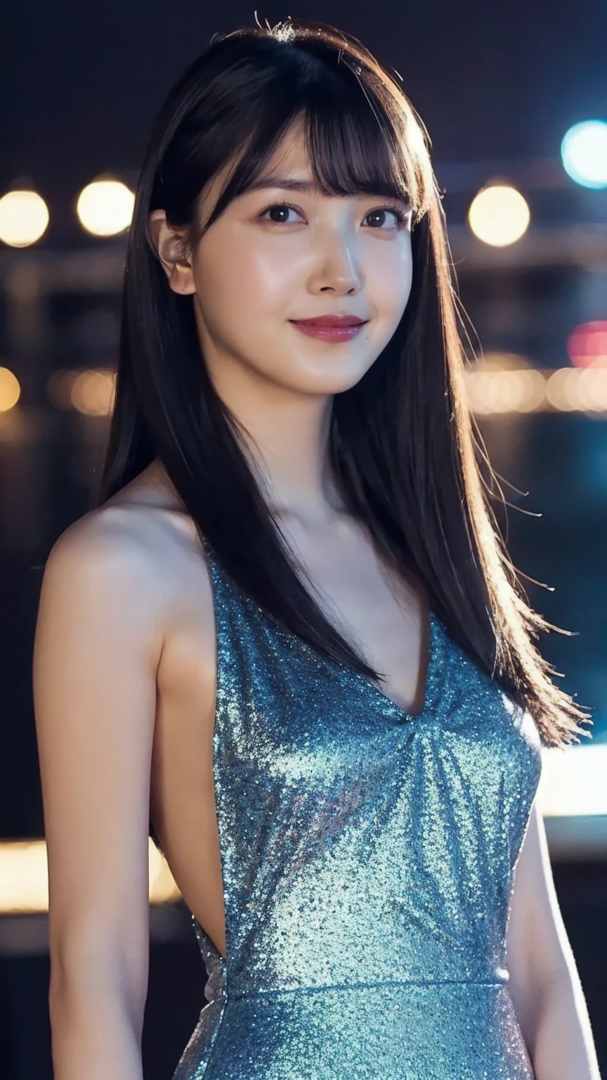 A sultry 27-year-old woman gazes directly into the camera lens, her full lips slightly upturned in a mischievous grin. Her piercing blue eyes seem to gleam with mischief as she tilts her head forward, showcasing her luscious locks and chiseled features. The focus is on her statuesque figure, boasting measurements that are the stuff of every man's fantasies. In the background, a breathtaking galaxy sprawls across the sky, its stars twinkling like diamonds against the inky blackness.