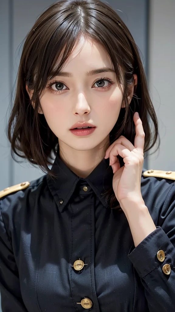 ((Beautiful Face:1.4)),  Half Body,(Highest Resolution, Clear_image) Best Quality, single, One Woman, Alone, masterpiece, Very detailed, Semi-realistic, Black Short Hair, Black Hair, bangs, 1, Mature, light blue Uniform, Uniform, Indoor Background, kind, Authoritative, Powerful, Graceful features, Graceful features,((Natural large breasts))