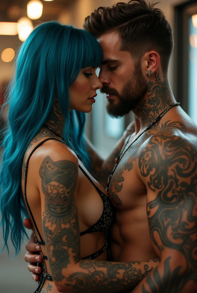 pornstar Marina maya and Johnny sins. Marina may ( blue hair) (blue eyes),wear only Indian dupatta with no bra top naked. with Johnny sins. Johnny is nude . Johnny kissing Marina's stomach.