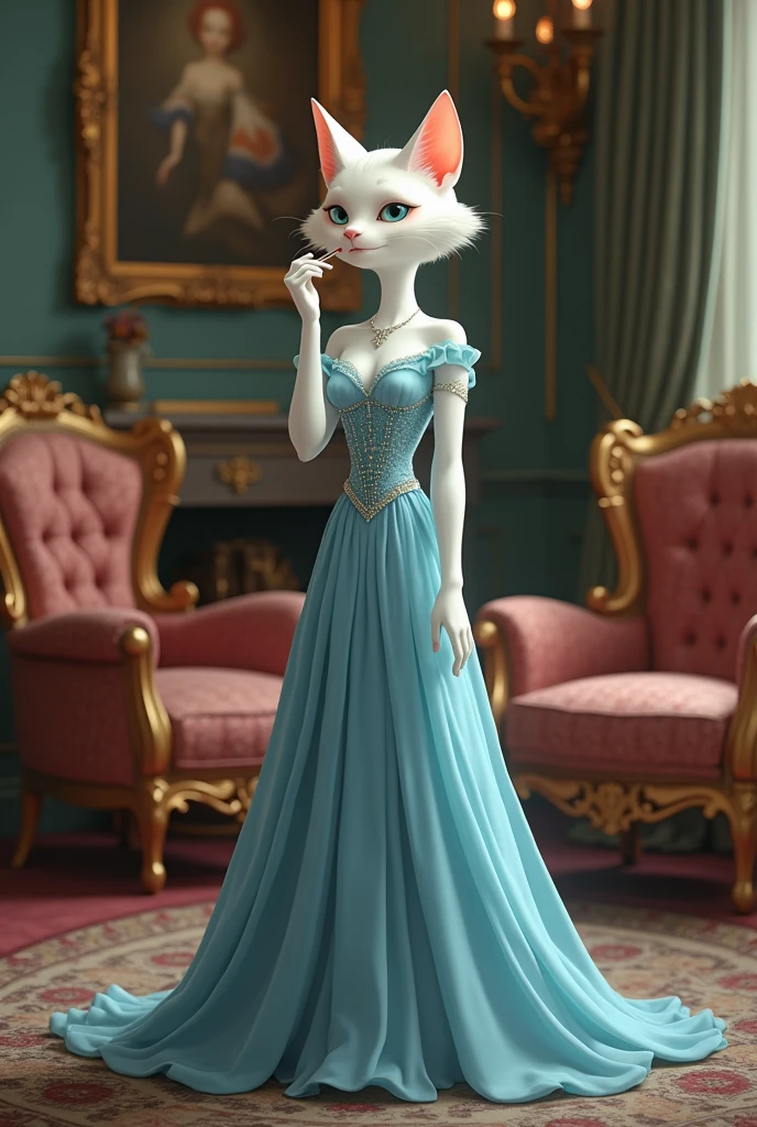 Bella, the elegant cat, delicately adjusts her blue gown in front of a mirror. Her sky-blue eyes sparkle as she admires herself, her white fur perfectly groomed. Today is the day of the annual town fair, and she’s eager to attend. She steps out of her cozy home, her gown flowing behind her as she walks down the cobblestone streets, turning heads wherever she goes.