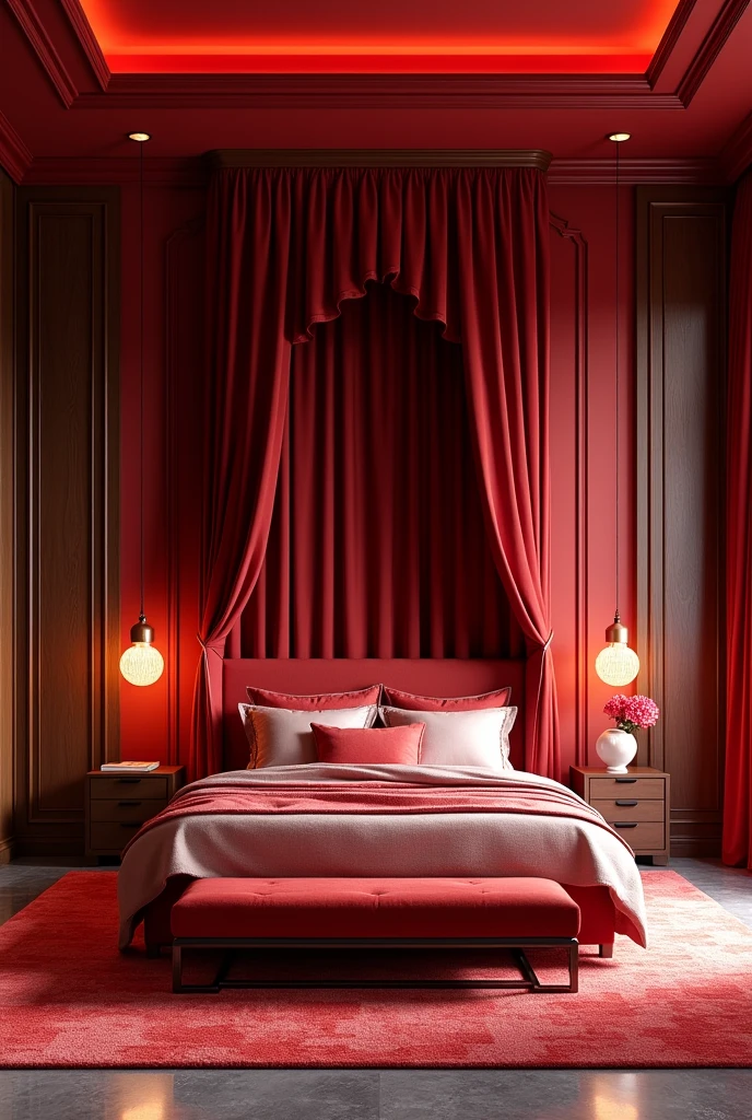 bedroom, with curtains, large kind size bed, chair, table, lamp, window, carpet, in red variations, top quality, five star hotel, deluxe