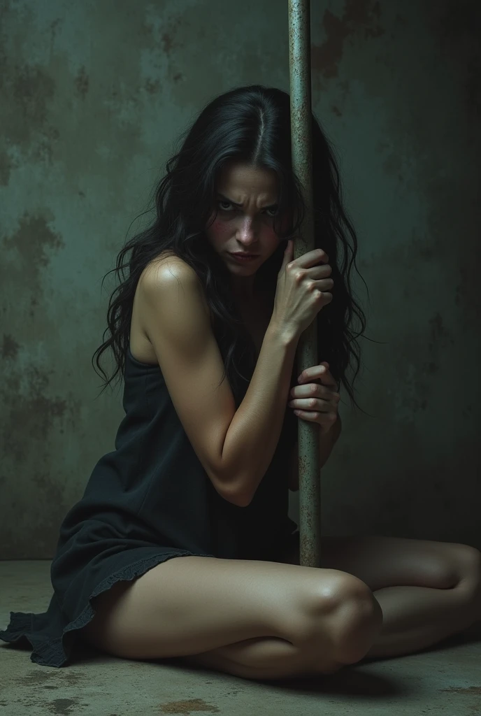A scared young, nude teen chained with a pillory in a basement