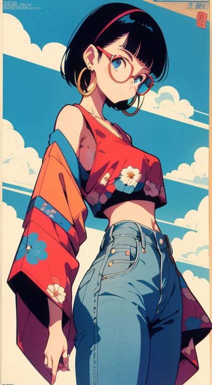 Beautiful woman with very short black hair, hoop earrings, glasses, vintage printed crop top,Stylish, loose-fitting clothes, pants with flower prints, Pawg, extremely wide hips, very thin waist, very small shoulders, short woman, (((Cinematic angle))), ((90s anime style)), ((90s retro Japanese poster)), ((90s vintage Japanese magazine cover)),(vibrant and vivid colors), 