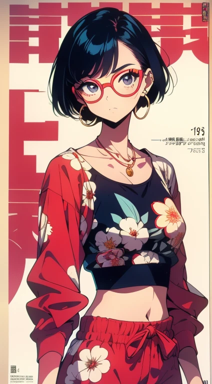 Beautiful woman with very short black hair, hoop earrings, glasses, vintage printed crop top,Stylish, loose-fitting clothes, pants with flower prints, Pawg, extremely wide hips, very thin waist, very small shoulders, short woman, (((Cinematic angle))), ((90s anime style)), ((90s retro Japanese poster)), ((90s vintage Japanese magazine cover)),(vibrant and vivid colors), 