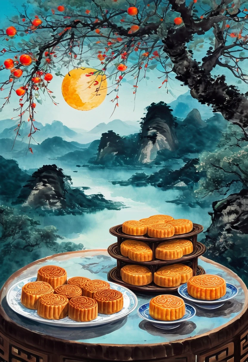 autumn，Wilderness，Under the big tree，There is a full moon in the sky，There are several plates of moon cakes on the table，Chinese Mid-Autumn Festival mooncakes，Painting，concise，Chinese style，Masterpiece