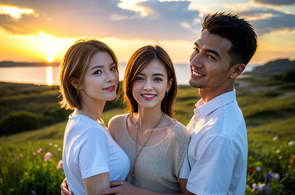 ((highest quality)), ((masterpiece)), (be familiar with), perfect face、3 people、naked、high school girl、smile、small breasts、shortcut、pubic hair、School