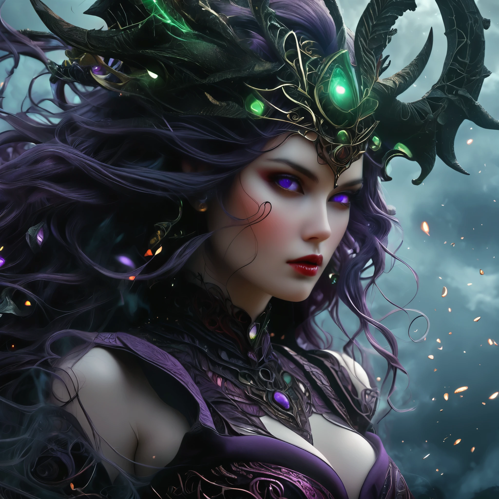 1girl with monster horn on head,offcial art,Unity8k wallpapers,ultradetailed, most gorgeous face Beauty queen and aesthetics,Masterpiece,best qualtiy,(zentangle,mandalas,tangled,entangle),dynamic angle, gothic fantacy girl,chaotic beauty,elegant,Barbarian design,vivd colour,romanticism lain,Than James Jean,Robbie Deviantano,Rosstrand,Francis Bacon,Mikhalmraz,Adrian Gurney,Petracot Wright,Gerhardricht,Takato Yamamoto,Ashleywood,Atmospheric,Ecstasy Music Notes,Streaming music notes are visible, most beautifull face gorgeous, purple red color mix
