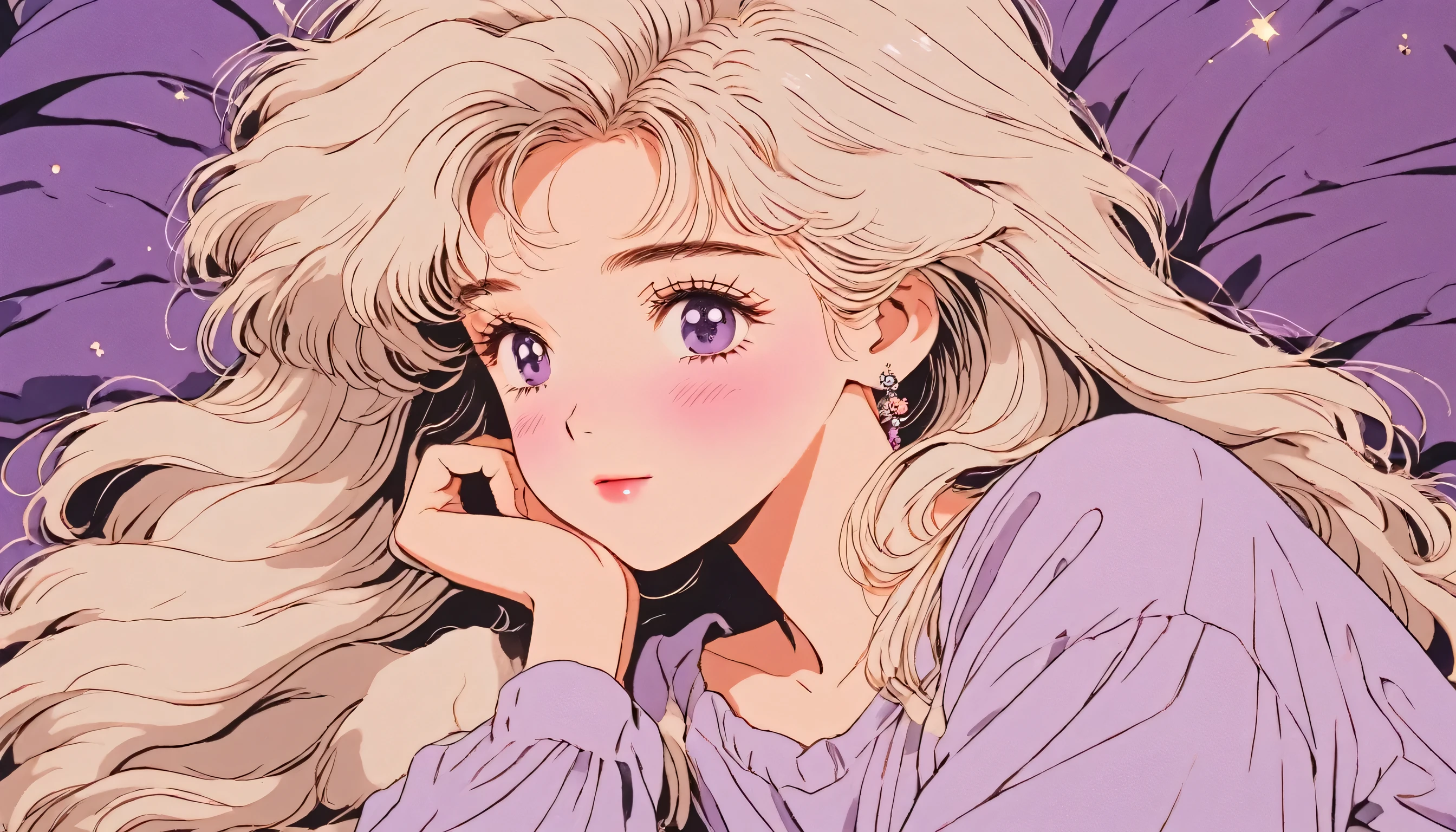 90’s anime style, 1990s style, clear, 1980s style, (blush:1.7), the highest quality, 8k, 1 woman, Only, lofi girl, lofi art, lofi feeling, very big eyes, wearing 1980s clothes, upper shot, close up, smiling, light brown eyes, skin white as snow, sparkling eyes, white hair, long hair, anime girl laying on the pillow, wearing pajamas, closed eyes, solid purple background with no other elements except tiny glitters, sleeping, no hands