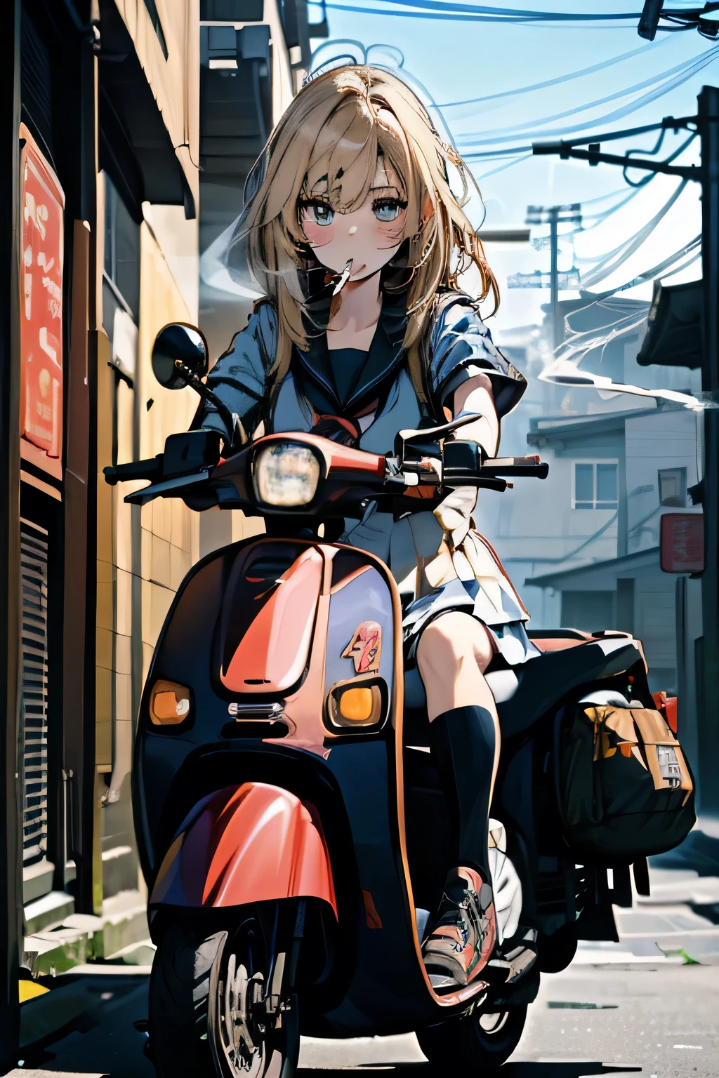 masterpiece, Highest quality, High resolution,alone, Accurate human body、Knowledgeable person、Correct five-finger,Sailor suitを着たアニメの女の子が、Riding a scooter and smoking a cigarette, Japanese girls uniform, Japanese School Uniform, high school girl, seifuku, Anime Girl Cosplay, riding on the Moped scooter, Moped, Sailor suit, beautiful anime high high school girl, JK Uniform, Girl in uniform, wearing Japanese School Uniform, Blonde,Simple light background, Uniform soft illumination, Shadows are minimal, Quiet and tranquil atmosphere, Front view, Shallow depth of field, Well-balanced exposure