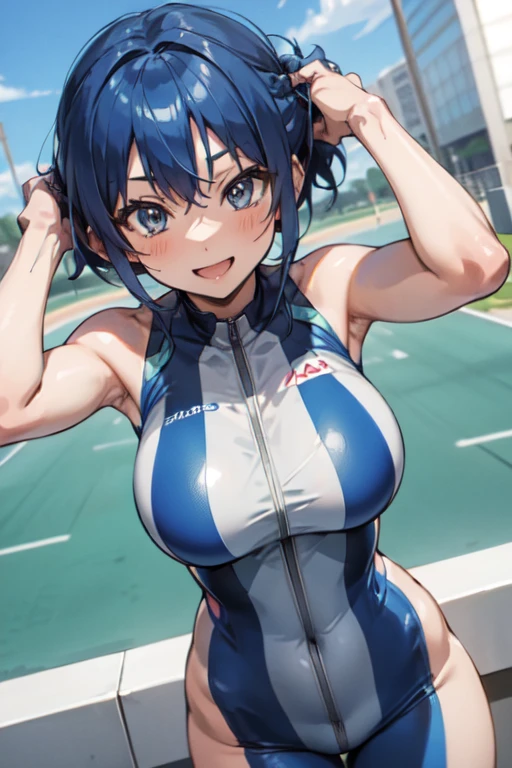 Michirutojo masterpiece, View Viewer,
Blue Hair, Large Breasts,

Racing Suits,
Wink, smile, Opening your mouth makes your cheeks red,