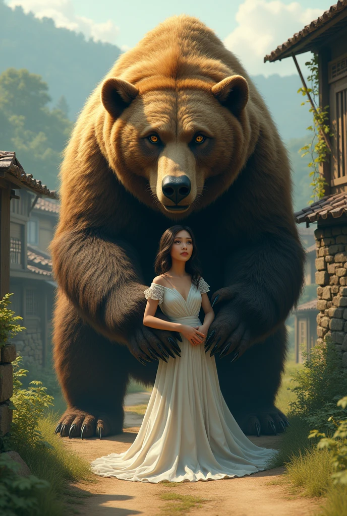 A beautiful druid woman on top of a large bear would be an impressive and powerful image. She could have long, loose hair in a dark hue, adorned with flowers and foliage. His face would be soft and serene, with deep, piercing eyes that shine with wisdom and courage. She could be wearing wool or linen clothing in natural shades, such as green and brown, with leather accents. It could be adorned with jewelry made from nature's stones, such as tourmaline, agate, and quartz. His posture would be upright and gracile, demonstrating a strong and confident presence.
On top of the big bear, she could be holding a wooden staff or a holly branch, symbols of her authority, power, and connection to nature. The bear would be huge and strong, with a thick, lustrous coat in a dark brown hue. He would have a calm and powerful expression, showing the trust he has in his guardian.
The beautiful druid woman and the big bear could be in a dense forest or a verdant valley, amid trees and plants. Sunlight may be filtering through the leaves, creating a play of light and shadow that frames the scene. The image would be a combination of natural beauty, ancient wisdom and animal power, showing the strength and grace of the druid woman and the majesty of the great bear.
