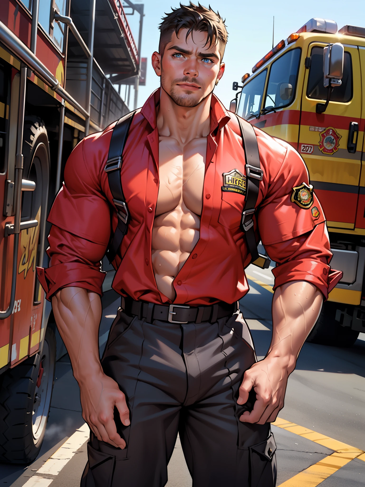 masterpiece, best quality, face, natural eyes, 1man, macho man,, muscled and mature, stephen amell as a firefighter wearing totally unbuttoned firefighter overall, sweating, tight cloth showing his muscles and bulge , full body , background station , truck , equipment