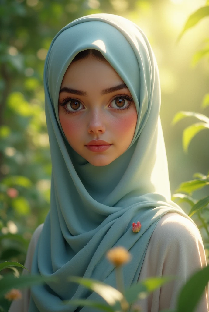 Amidst the soft glow of a tranquil garden at dawn, a Hijabi woman wears a Khimar and Djellaba with elegance. Her unadorned face, untouched by cosmetics, resonates with the purity of the morning dew. As she gazes into the distance, her reflection mirrors the serenity of nature, an embodiment of modesty and beauty.