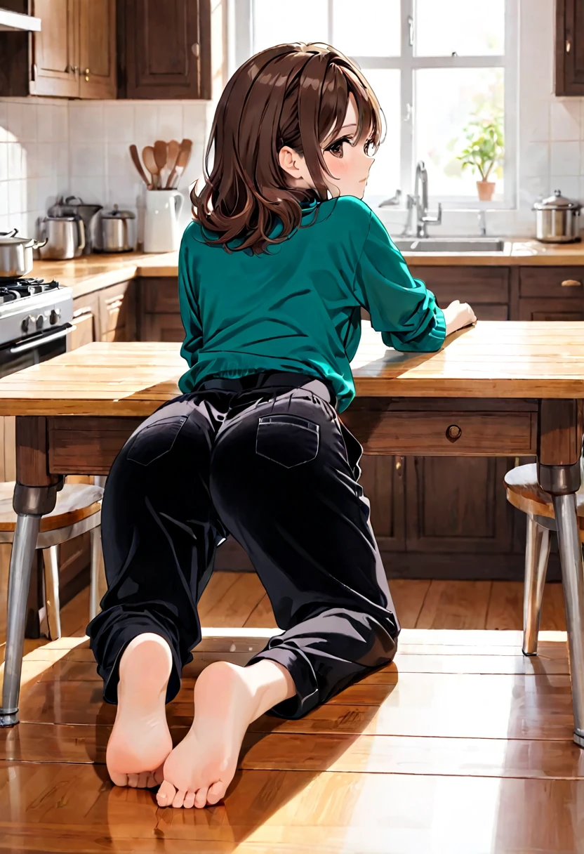 40-year-old Woman Brown hair Black velvet wide-legged pants Kitchen Lying on a table View from behind