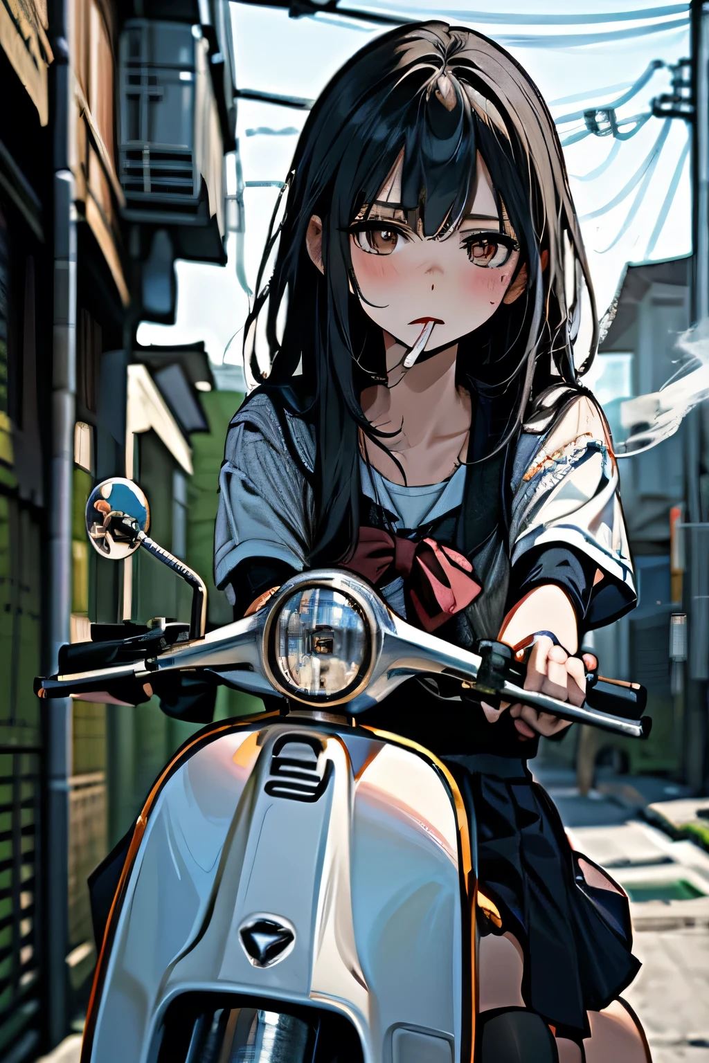 masterpiece, Highest quality, High resolution,alone, Accurate human body、Knowledgeable person、Correct five-finger,Sailor suitを着たアニメの女の子が、Riding a scooter and smoking a cigarette, Japanese girls uniform, Japanese School Uniform, high school girl, seifuku, Anime Girl Cosplay, riding on the Moped scooter, Moped, Sailor suit, beautiful anime high high school girl, JK Uniform, Girl in uniform, wearing Japanese School Uniform, Blonde,Sunburned skin,Simple light background, Uniform soft illumination, Shadows are minimal, Quiet and tranquil atmosphere, Front view, Shallow depth of field, Well-balanced exposure