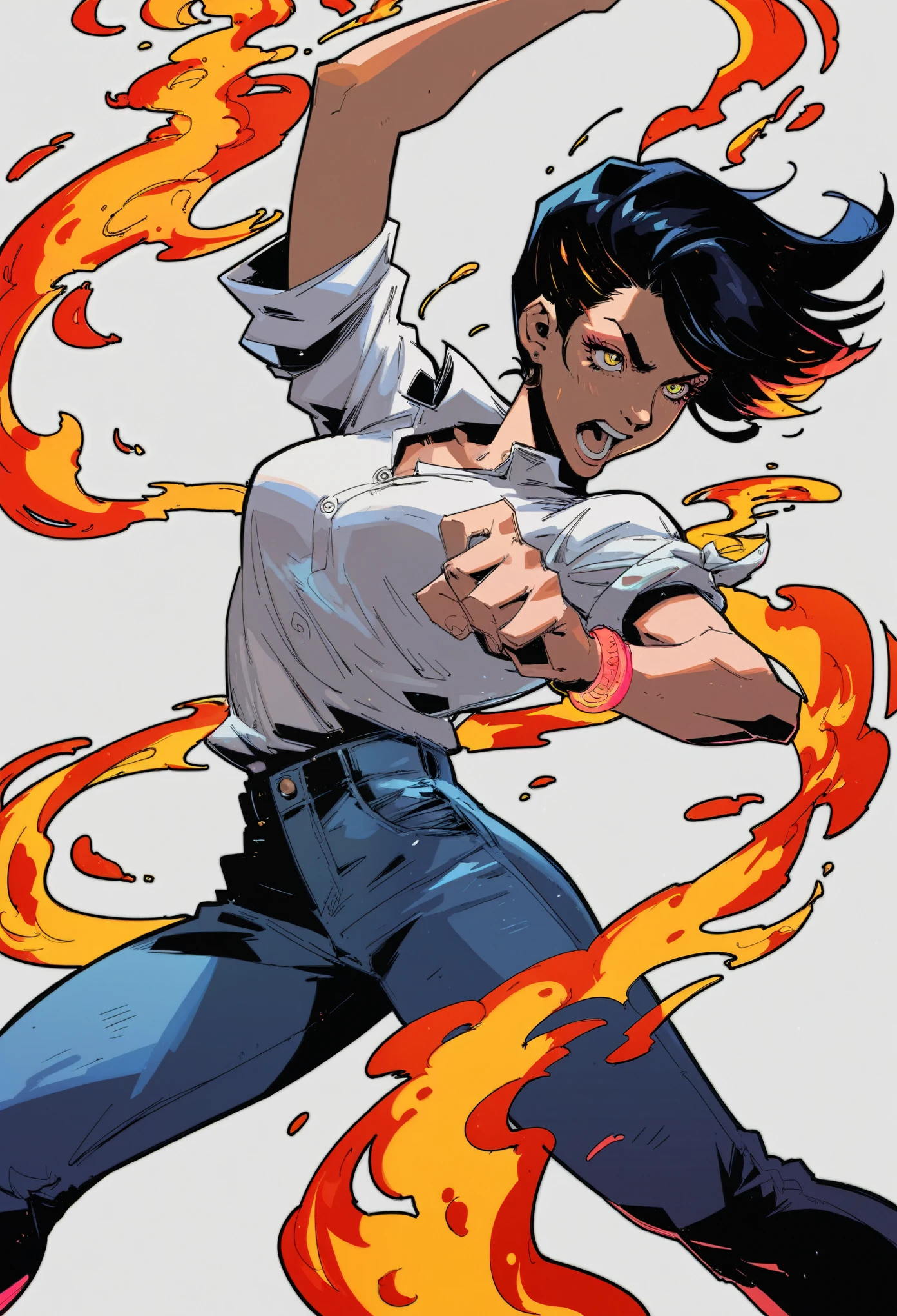 source_anime, score_9, score_8_up, score_7_up, score_6_up, hds style, cel shading, linear hatching, sharp, concise, Dynamic action pose, anime-style female character, fiery energy swirl, exaggerated foreshortening, intense expression, short black hair, casual outfit with rolled-up sleeves, white shirt and jeans, vibrant fire effects, high-contrast shading, bold outlines, energetic and powerful movement, minimal background.
